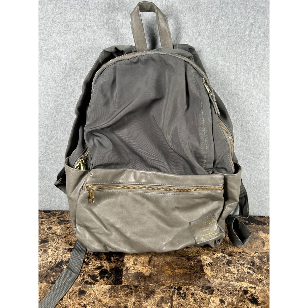 Legato Largo Gray Nylon and Faux Leather Multi Pocket Backpack Gold Hardware